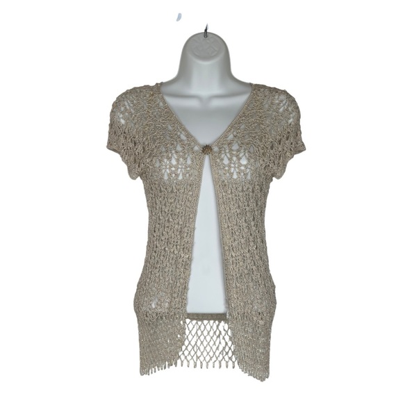 Dunnes Stores Beige Crocheted Beaded Tasseled Open Front Cardigan Medium - Picture 2 of 12